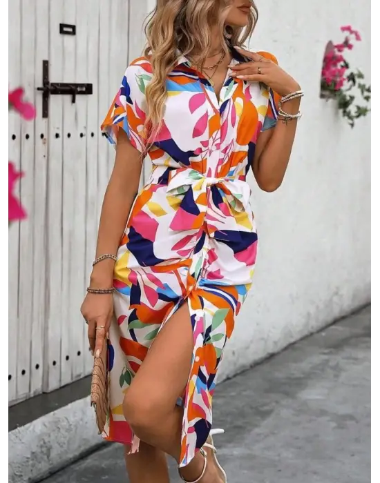 Omarı Drapeli Desenli Kadın Kısa Kollu Süprem Elbise