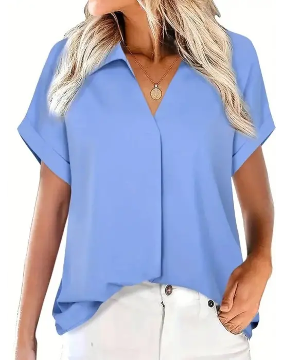 Kadın Kısa Kollu Yakalı Uzun Sandy Bluz