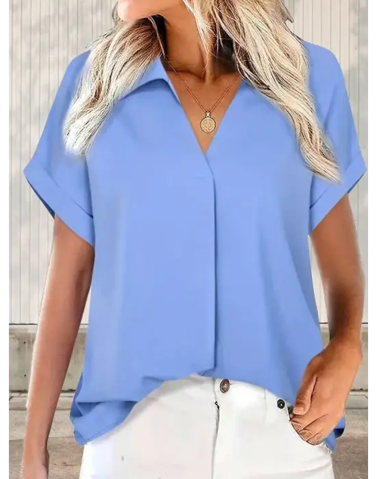 Kadın Kısa Kollu Yakalı Uzun Sandy Bluz