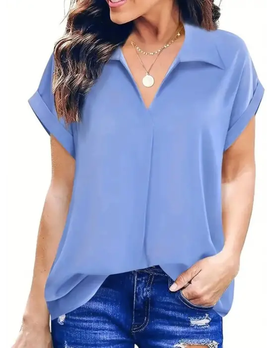 Kadın Kısa Kollu Yakalı Uzun Sandy Bluz