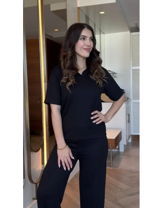 Kadın Kısa Kollu Yakalı Viskon Iki Iplik Bluz Ve Pantolon Ikili Takım