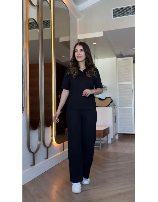 Kadın Kısa Kollu Yakalı Viskon Iki Iplik Bluz Ve Pantolon Ikili Takım