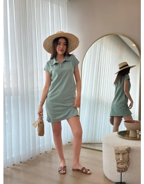 Kadın Kısa Kollu Yakalı Viskon Iki Iplik Elbise