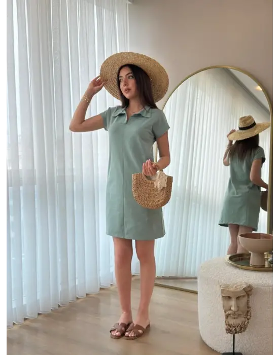 Kadın Kısa Kollu Yakalı Viskon Iki Iplik Elbise