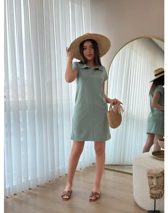 Kadın Kısa Kollu Yakalı Viskon Iki Iplik Elbise