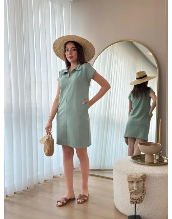 Kadın Kısa Kollu Yakalı Viskon Iki Iplik Elbise