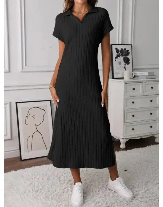 Kadın Kısa Kollu Yakalı Yandan Yırtmaçlı Kalın Fitilli Kaşkorse Elbise