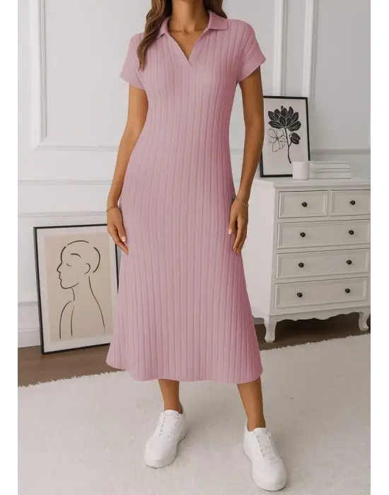 Kadın Kısa Kollu Yakalı Yandan Yırtmaçlı Kalın Fitilli Kaşkorse Elbise