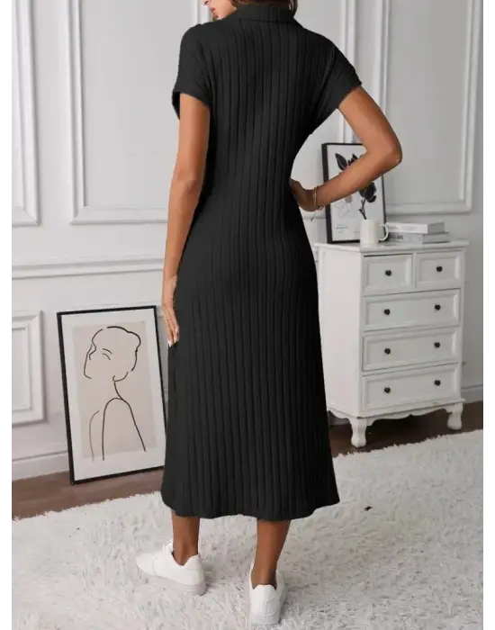 Kadın Kısa Kollu Yakalı Yandan Yırtmaçlı Kalın Fitilli Kaşkorse Elbise