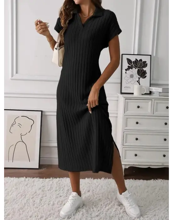 Kadın Kısa Kollu Yakalı Yandan Yırtmaçlı Kalın Fitilli Kaşkorse Elbise