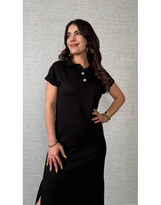 Omarı Elegan Viskon Elbise Yandan Yırtmaçlı ve Kısa Kollu