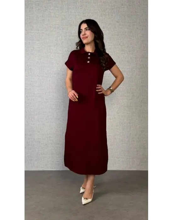 Kadın Kısa Kollu Yakalı Yandan Yırtmaçlı Viskon Iki Iplik Elbise