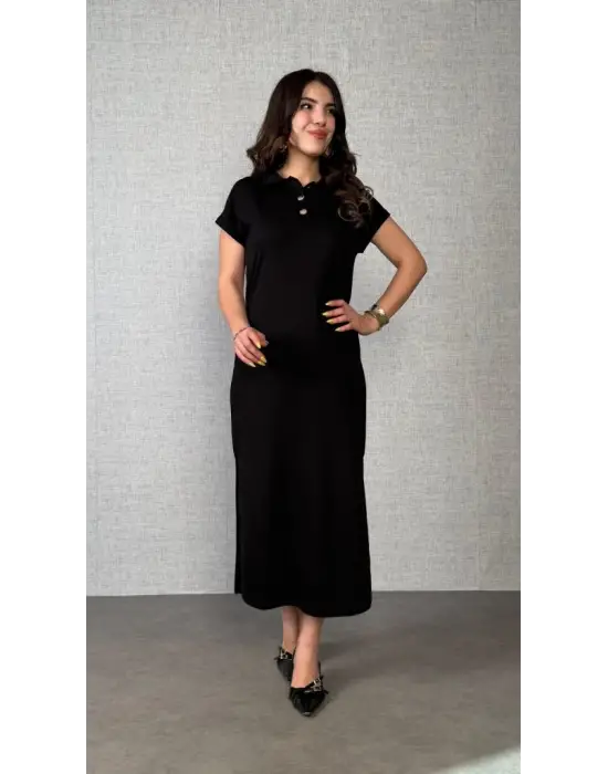 Omarı Elegan Viskon Elbise Yandan Yırtmaçlı ve Kısa Kollu