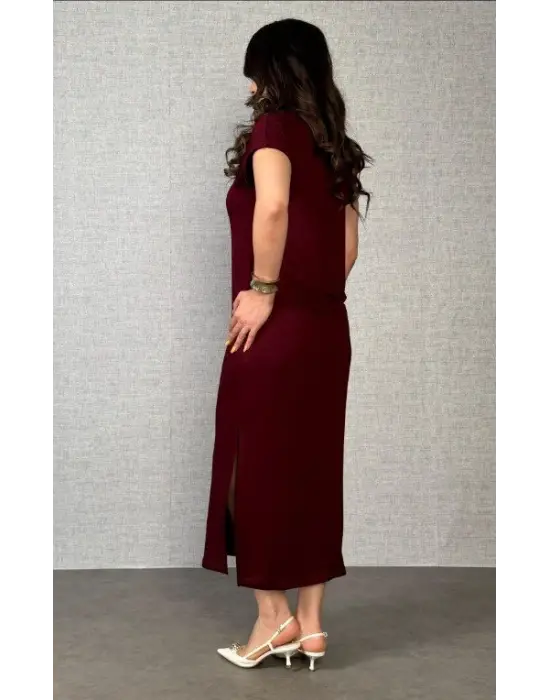 Kadın Kısa Kollu Yakalı Yandan Yırtmaçlı Viskon Iki Iplik Elbise