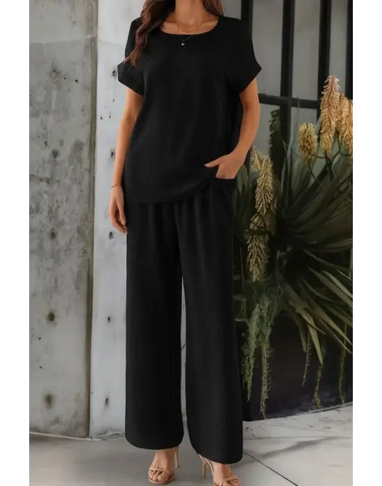 Kadın Kısa Kollu Yakası Açık Aerobin Bluz Ve Pantolon Ikili Takım