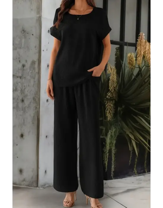 Kadın Kısa Kollu Yakası Açık Aerobin Bluz Ve Pantolon Ikili Takım