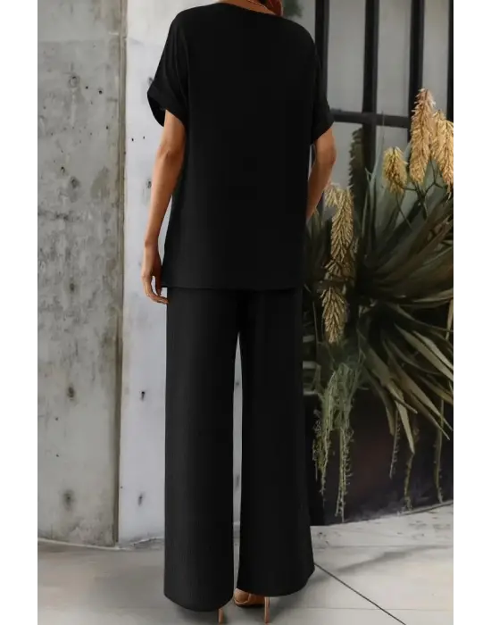 Kadın Kısa Kollu Yakası Açık Aerobin Bluz Ve Pantolon Ikili Takım