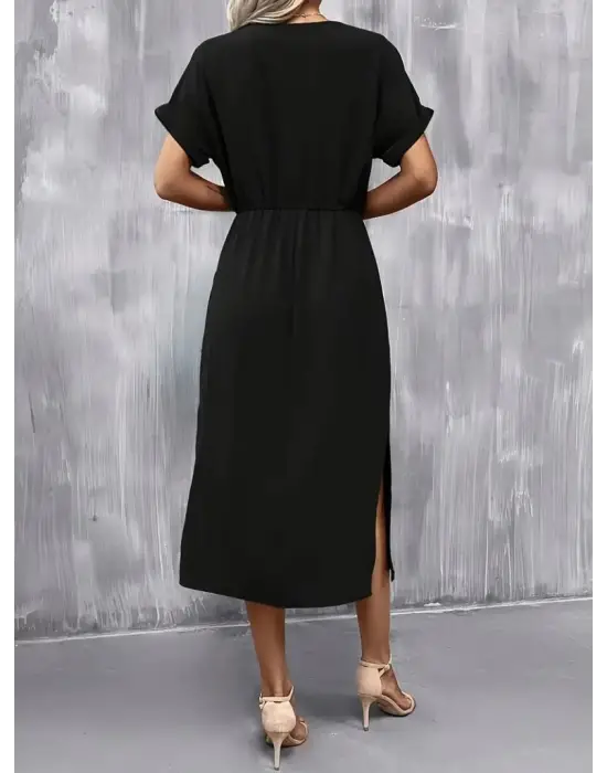 Kadın Kısa Kollu Yakası Açık Belden Bağlamalı Yırtmaçlı Viskon Elbise