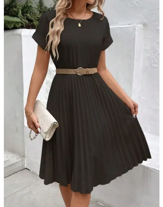 Kadın Kısa Kollu Yakası Açık Belden Lastikli Pileli Kısa Ithal Krep Elbise