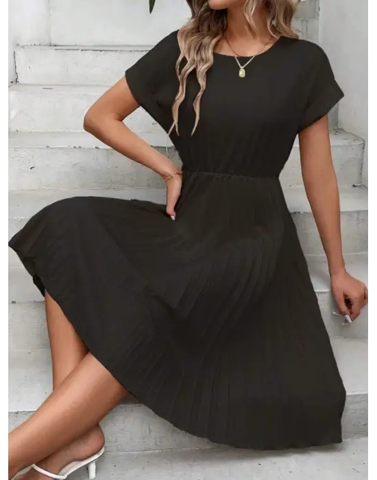 Kadın Kısa Kollu Yakası Açık Belden Lastikli Pileli Kısa Ithal Krep Elbise