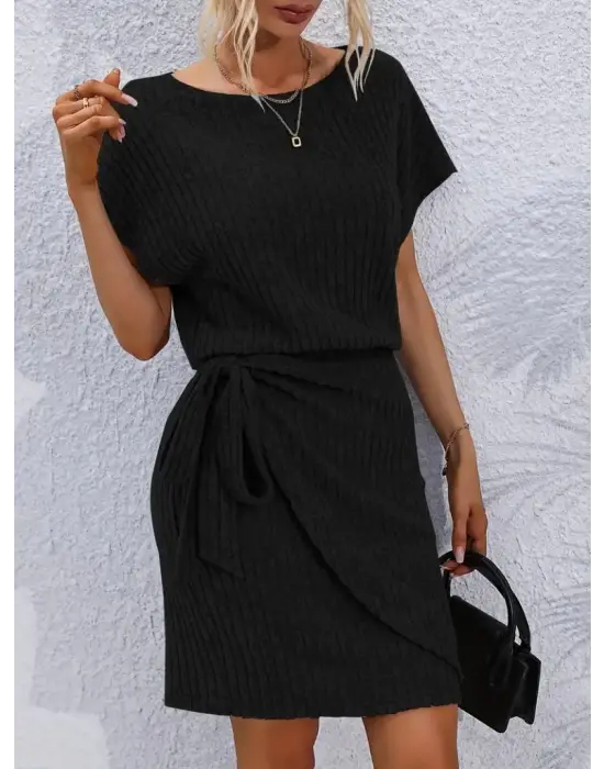 Omarı Kısa Kollu Yandan Bağlamalı Kalın Fitilli Elbise