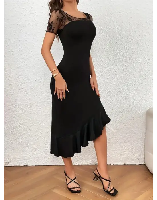 Kadın Kısa Kollu Yakası Açık Dantel Detaylı Fırfırlı Asimetrik Janjan Krep Elbise