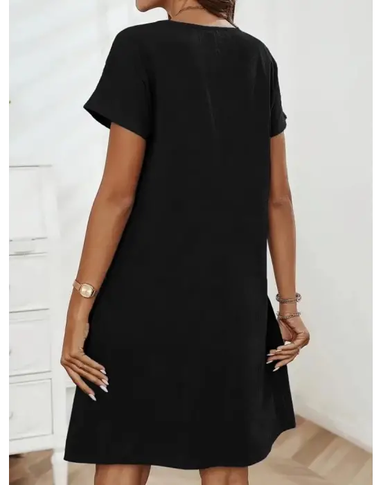 Omarı Fermuar Detaylı Kadın Kısa Kollu İthal Keten Elbise