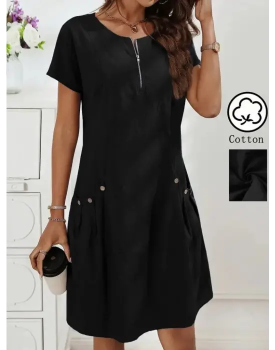 Omarı Fermuar Detaylı Kadın Kısa Kollu İthal Keten Elbise