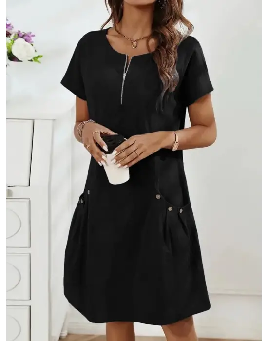 Omarı Fermuar Detaylı Kadın Kısa Kollu İthal Keten Elbise