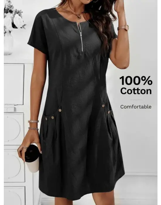 Omarı Fermuar Detaylı Kadın Kısa Kollu İthal Keten Elbise