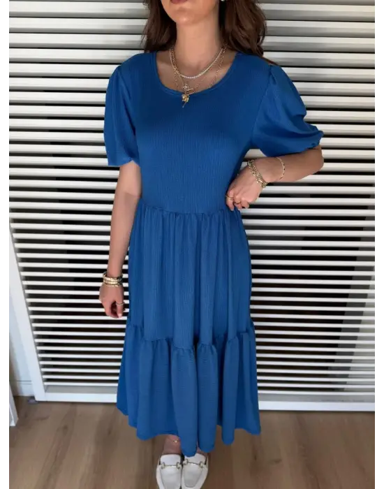 Kadın Kısa Kollu Yakası Açık Katlı Bürümcük Balon Elbise