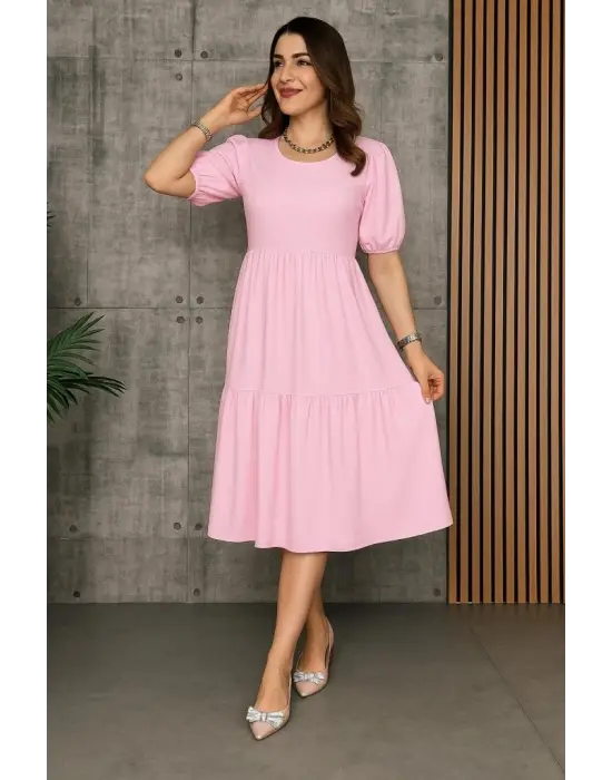 Kadın Kısa Kollu Yakası Açık Katlı Bürümcük Balon Elbise