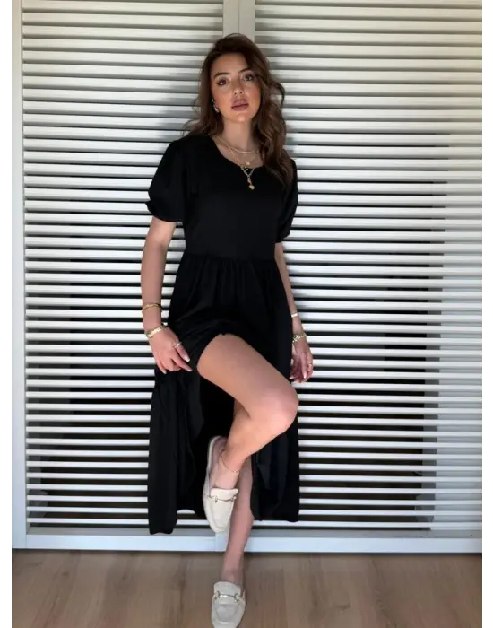 Kadın Kısa Kollu Yakası Açık Katlı Bürümcük Balon Elbise