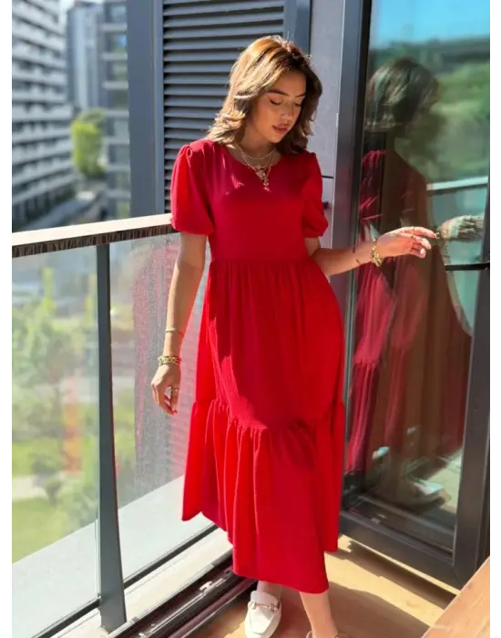 Kadın Kısa Kollu Yakası Açık Katlı Bürümcük Balon Elbise