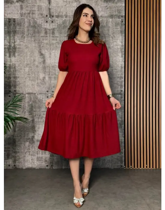 Kadın Kısa Kollu Yakası Açık Katlı Bürümcük Balon Elbise