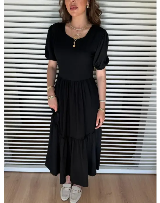 Kadın Kısa Kollu Yakası Açık Katlı Bürümcük Balon Elbise