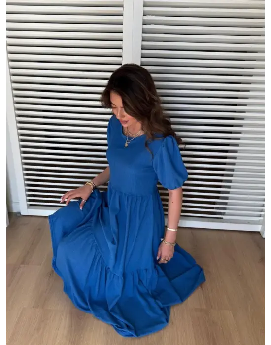 Kadın Kısa Kollu Yakası Açık Katlı Bürümcük Balon Elbise