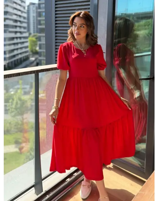 Kadın Kısa Kollu Yakası Açık Katlı Bürümcük Balon Elbise
