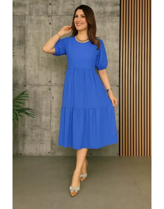 Kadın Kısa Kollu Yakası Açık Katlı Bürümcük Balon Elbise