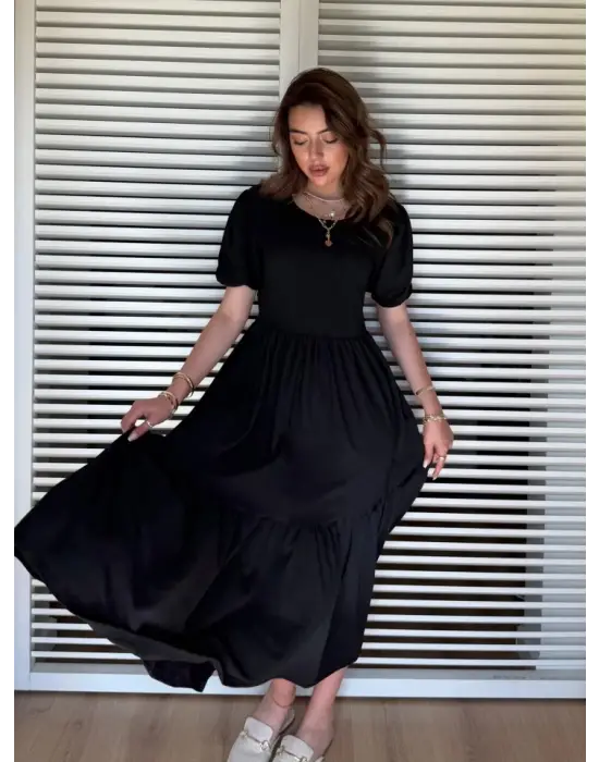 Kadın Kısa Kollu Yakası Açık Katlı Bürümcük Balon Elbise