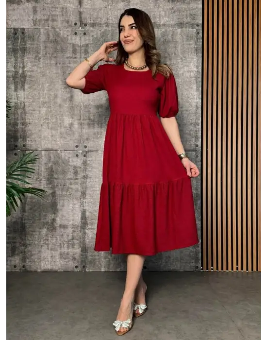 Kadın Kısa Kollu Yakası Açık Katlı Bürümcük Balon Elbise