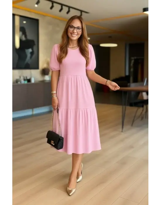 Kadın Kısa Kollu Yakası Açık Katlı Bürümcük Balon Elbise