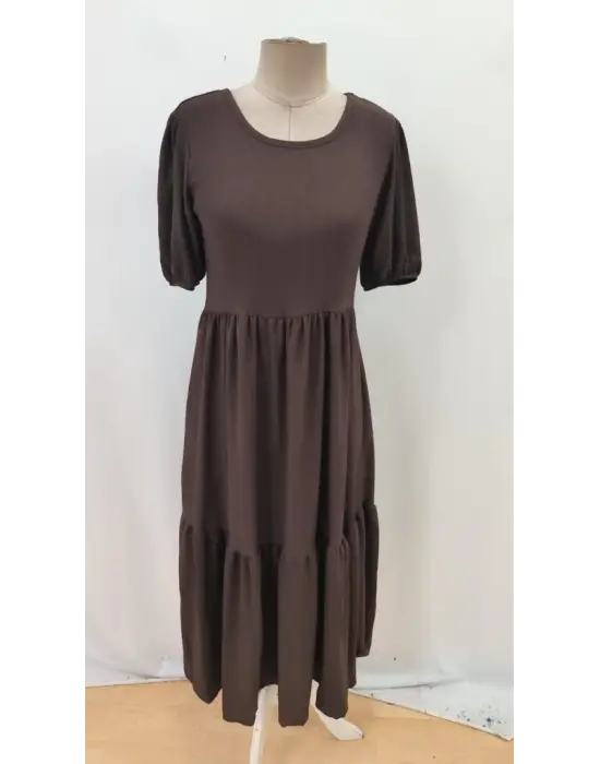 Kadın Kısa Kollu Yakası Açık Katlı Bürümcük Balon Elbise