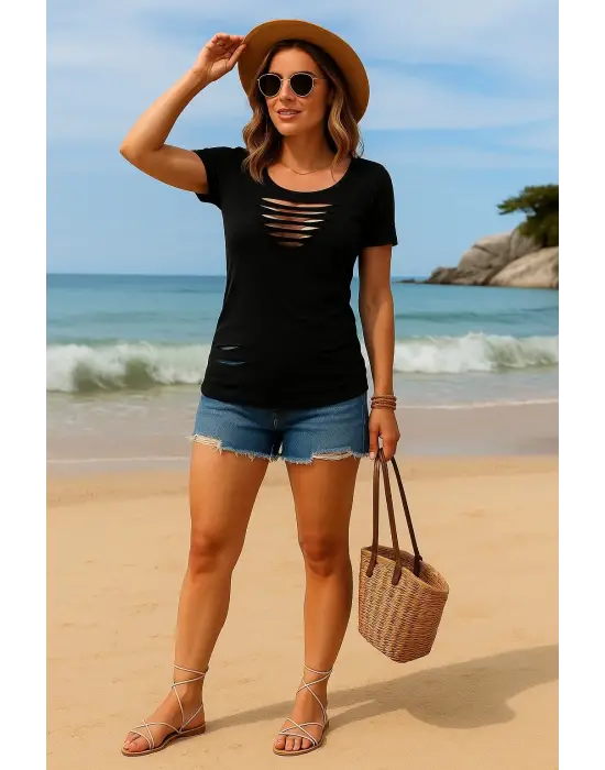 Omarı Zarif Lazer Kesik Detaylı Viskon Bluz