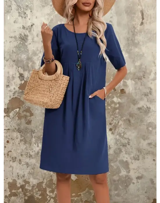 Kadın Kısa Kollu Yakası Açık önden Büzgülü Cep Detaylı Viskon Iki Iplik Elbise