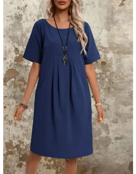 Kadın Kısa Kollu Yakası Açık önden Büzgülü Cep Detaylı Viskon Iki Iplik Elbise