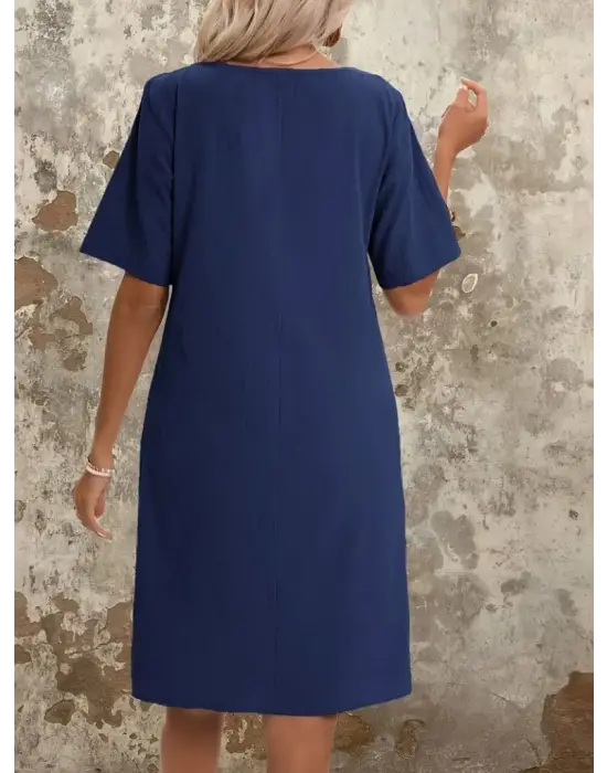 Kadın Kısa Kollu Yakası Açık önden Büzgülü Cep Detaylı Viskon Iki Iplik Elbise