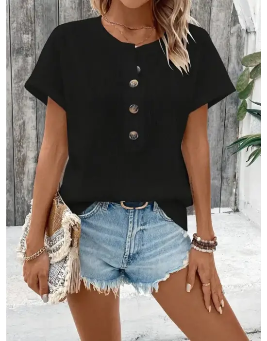 Omarı Etkileyici Kadın Kısa Kollu Waffle Bluz