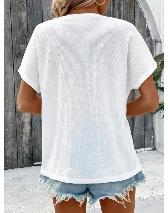 Kadın Kısa Kollu Yakası Açık önden Düğmeli Waffle Bluz