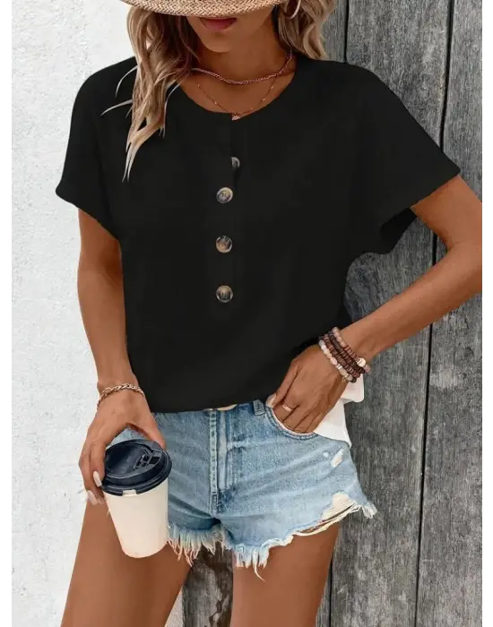 Omarı Etkileyici Kadın Kısa Kollu Waffle Bluz